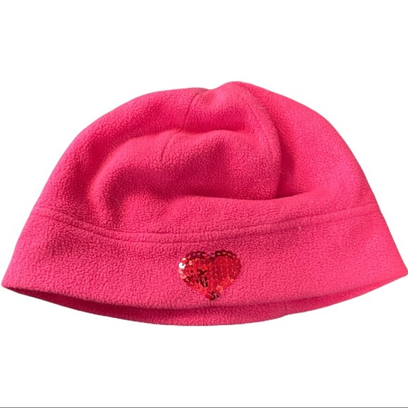 None Other - Girl’s 8-10 Pink Fleece Sequin Heart Winter Hat Beanie